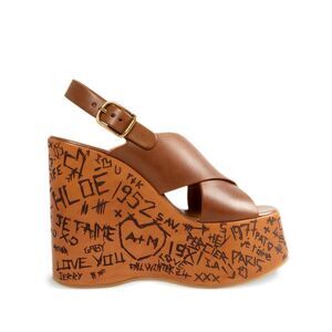 CHLOE Woody Wedge Sandals with Graffiti Print Women BROWN
